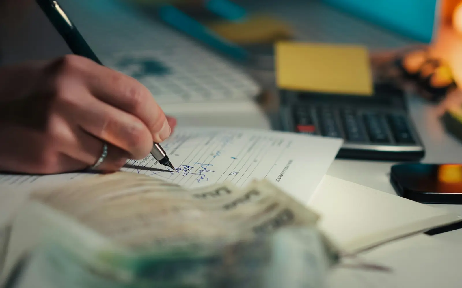 A hand writing figures in a notebook beside a calculator